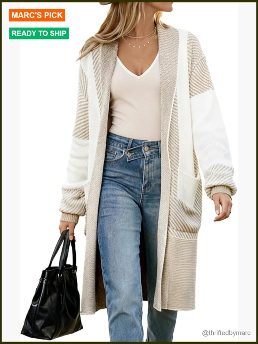 Chunky Open Front Knit Cardigan Sweater Long Color Block Striped Coat